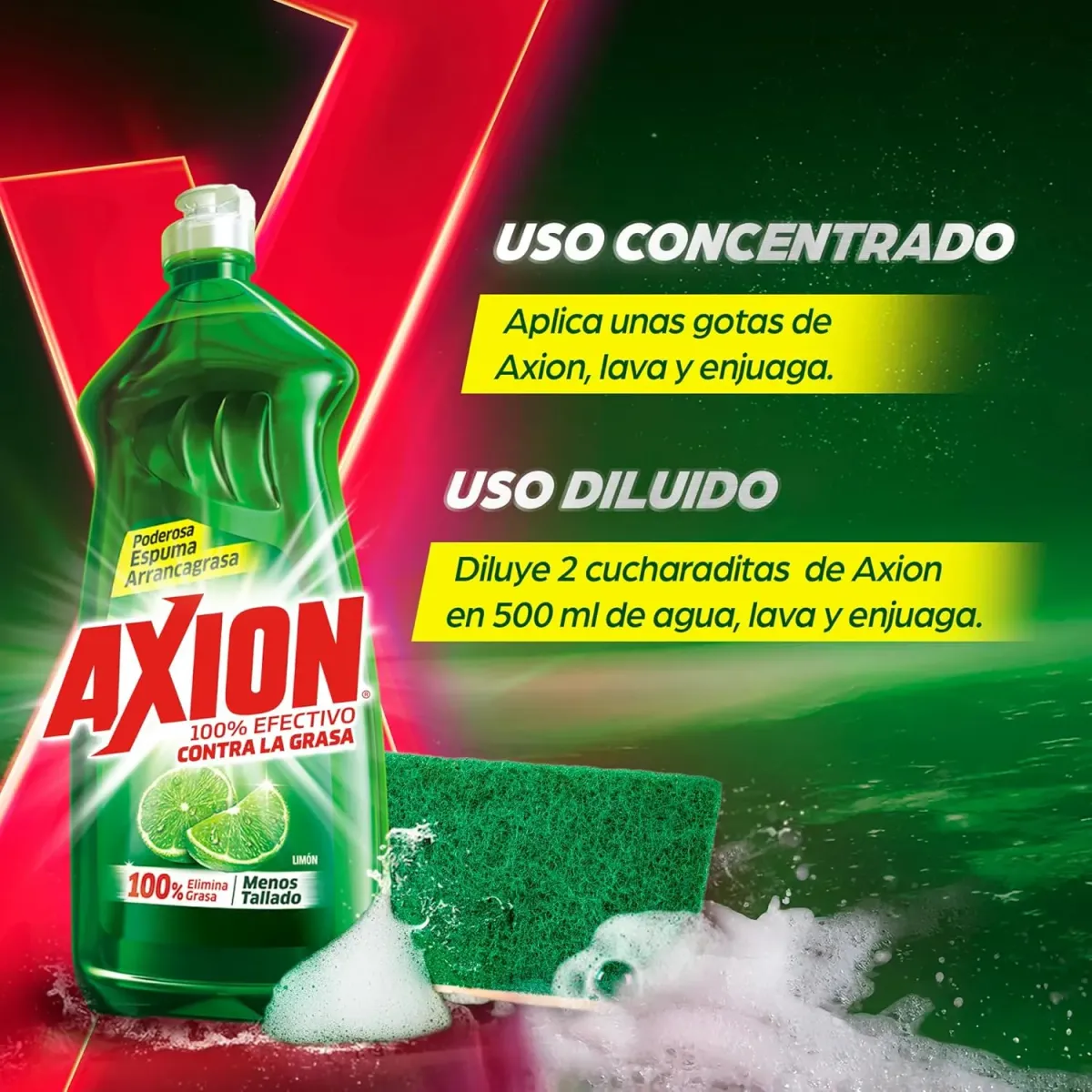 Axion Lavatrastes Líquido Limón 1.4 L. 100% Efectivo Arrancagrasa con Poderosa Espuma que Remueve la Grasa Más Fácil y Rápido. Deja tus Trastes Rechinando de Limpio. Si Rechina, es Axion