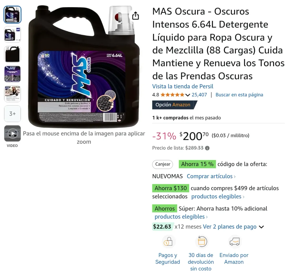 MAS Oscura - Oscuros Intensos 6.64L Detergente Líquido para Ropa Oscura y de Mezclilla (88 Cargas) Cuida Mantiene y Renueva los Tonos de las Prendas Oscuras