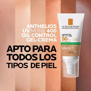 La Roche-Posay Anthelios UVMUNE 400 Oil Control Gel-Crema con Color y FPS 50+, Protector Solar Facial Matificante para Piel Grasa, Resistente al Agua, 50 ml
