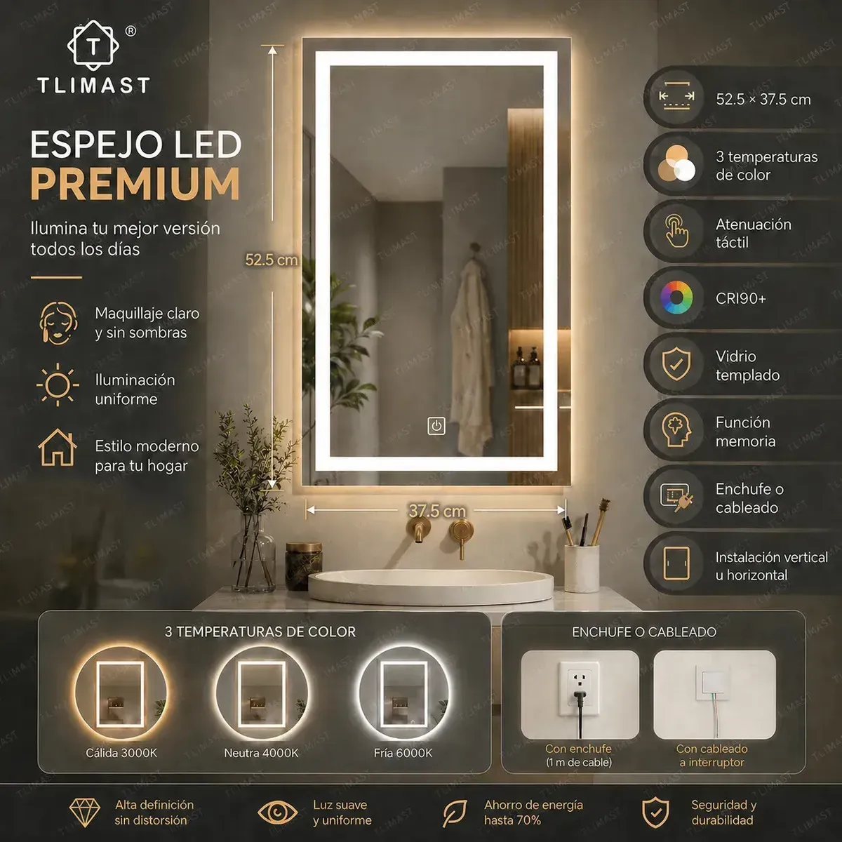 Tlimast Espejo 3 Luces Led Táctil Pared De Tocador Baño Vestidor Cuarto De Alta Gama Decoracion Espejo Rectangular 52.5x37.5 Cm Luz Fría, Luz Cálida, Luz Blanca Cálida