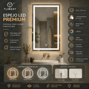 Tlimast Espejo 3 Luces Led Táctil Pared De Tocador Baño Vestidor Cuarto De Alta Gama Decoracion Espejo Rectangular 52.5x37.5 Cm Luz Fría, Luz Cálida, Luz Blanca Cálida