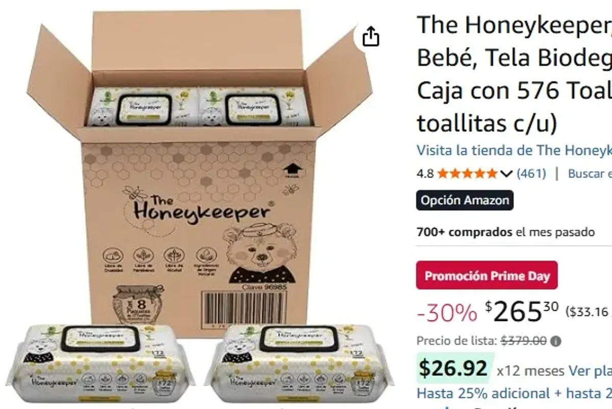 The Honeykeeper, Toallitas Húmedas para Bebé, Tela Biodegradable Aroma a Miel, Caja con 576 Toallitas (8 paquetes de 72 toallitas c/u)