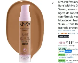 NYX Professional Makeup Bare With Me Concealer Serum, suero + corrector ligero de cobertura media con fórmula vegana, hidratación hasta por 24H, 9.6ml – Tono Deep Golden (Dorado profundo)