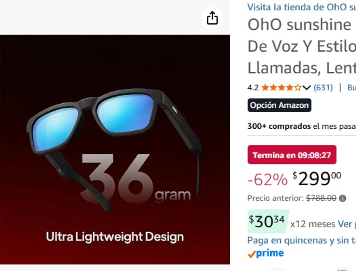 OhO sunshine Gafas Bluetooth Oho, Control De Voz Y Estilo Abierto para Escuchar Música Y Llamadas, Lentes con Protección Uv400.