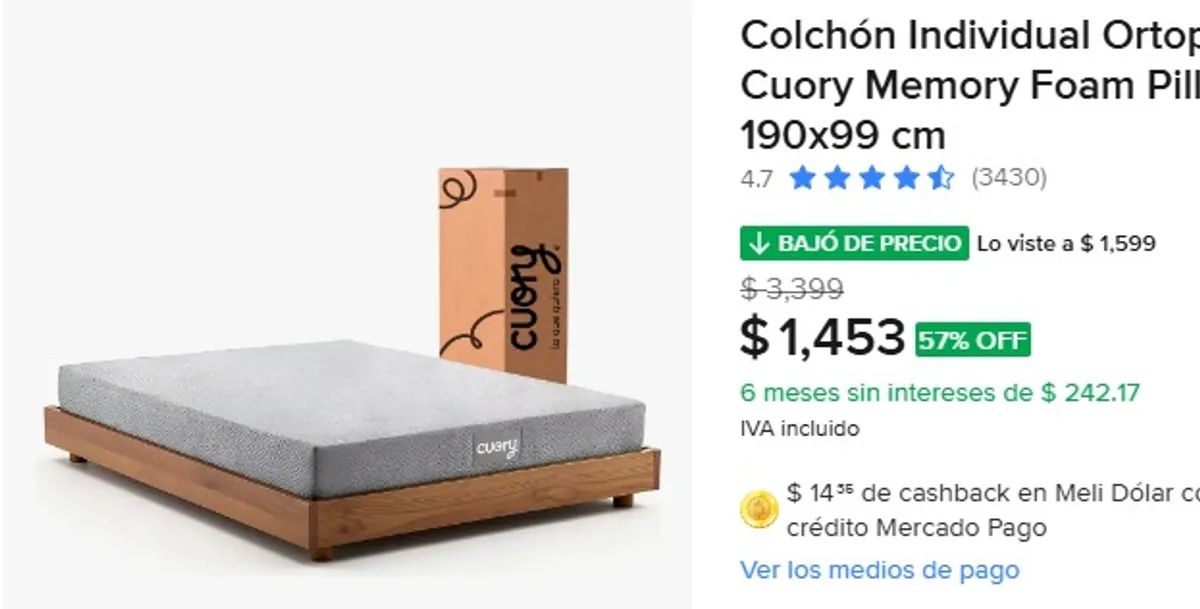 Colchón Individual Ortopédico Cuory Memory Foam Pillow Top 190x99 cm