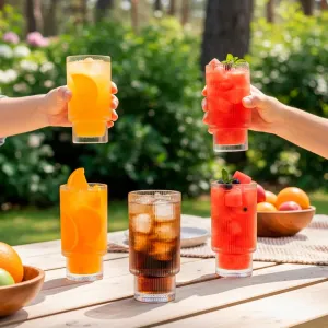 Bluelander Juego de 4 Vasos de Cristal, 11 Oz (350 ml), Vasos de Cristal Modernos para Cócteles, Whisky y Cerveza, Diseño Lineas, Cristalería Para Restaurante, Cafetería, Bar (4 Piezas)