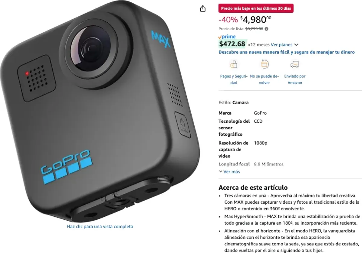 GoPro - MAX — Cámara tradicional resistente al agua de 360+ con pantalla táctil esférica, 5,6K30, vídeo HD, 16,6 MP, 360 fotos, estabilización de transmisión en vivo de 1080p