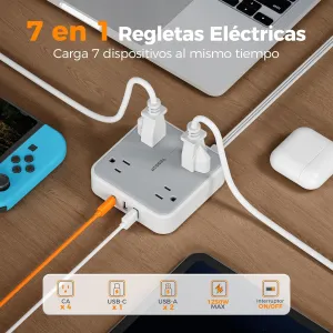 TESSAN Regleta Multicontacto con Protector de Sobretensión, 1.5M Plana Extension Electrica, Enchufe Plano Conector Multiple con 4 Salidas y 3 USB (1 USB C), Hogar Dorm Oficina, Gris
