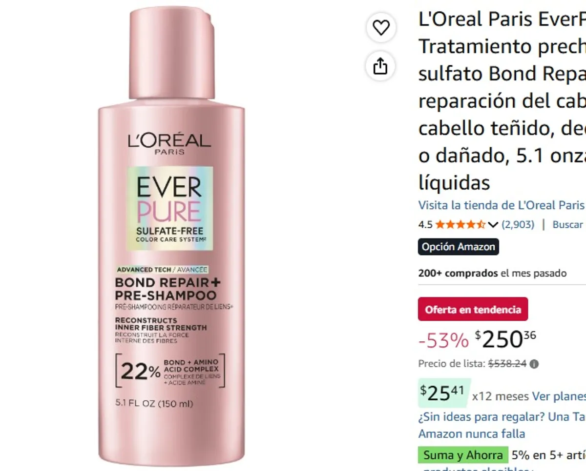 L'Oreal Paris EverPure Tratamiento prechampú sin sulfato Bond Repair, reparación del cabello para cabello teñido, decolorado o dañado, 5.1 onzas líquidas