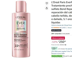 L'Oreal Paris EverPure Tratamiento prechampú sin sulfato Bond Repair, reparación del cabello para cabello teñido, decolorado o dañado, 5.1 onzas líquidas