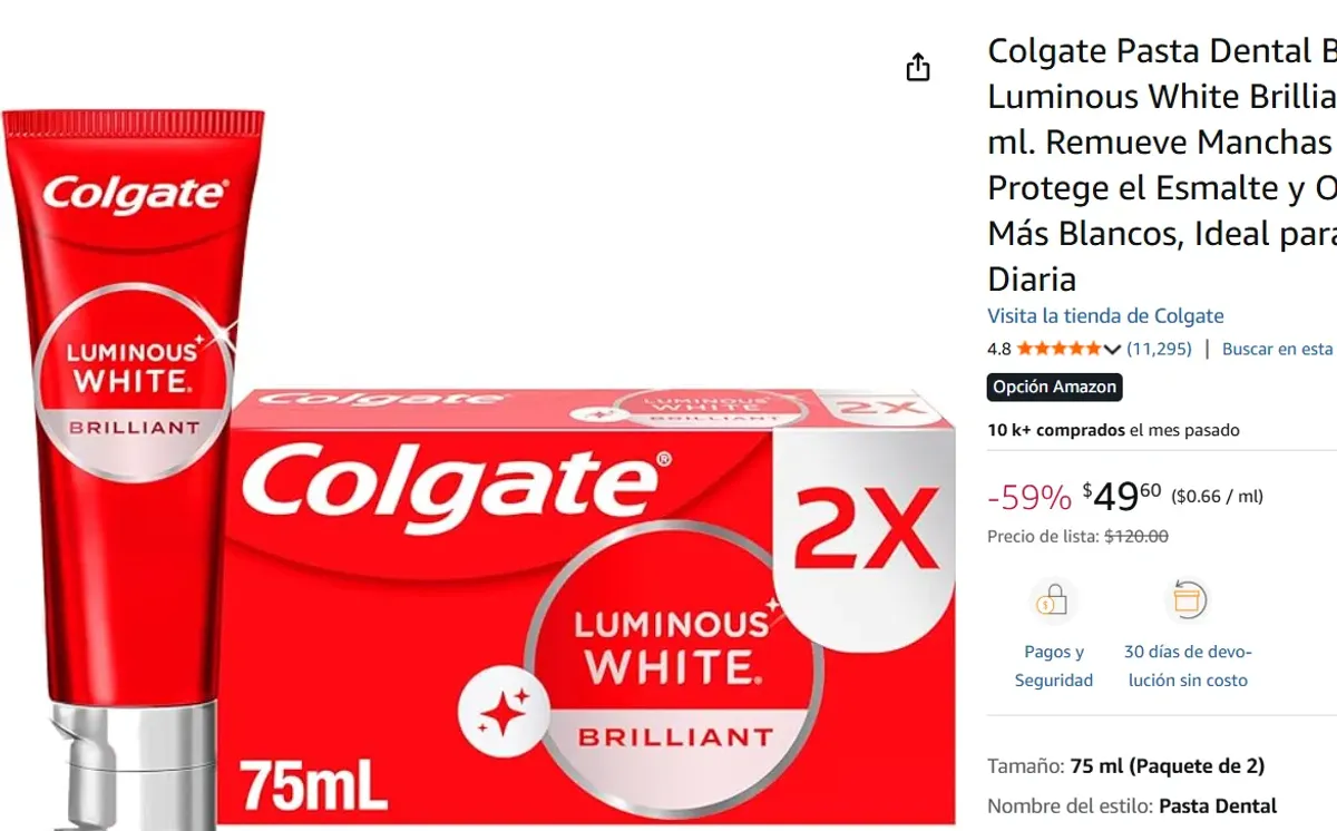 Colgate Pasta Dental Blanqueadora 2x75 ml.