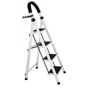 Raganet, Escalera de Tijera de 4 Peldaños, Escalera Tubular, Escalera Plegable Hecha de Acero Inoxidable, Escalones y Patas Antideslizantes, Altura Maxima 136cm Color Blanco (4 Peldaños)