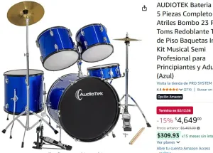 AUDIOTEK Bateria Acustica 5 Piezas Completo Platillos Atriles Bombo 23 Pulgadas Toms Redoblante Tambor de Piso Baquetas Incluidas Kit Musical Semi Profesional para Principiantes y Adultos (Azul)