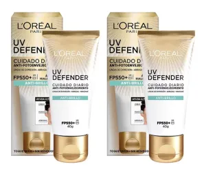 L'Oréal Paris Kit 2 pack Protector solar facial FPS50+ UV Defender Anti brillo, 40ml - Protección solar facial con toque seco y acabado mate, idea para piel mixta a grasa, con Ácido Hialurónico, reduce los signos del envejecimiento