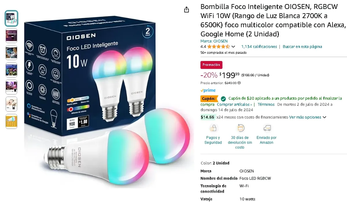 Bombilla Foco Inteligente OIOSEN, RGBCW WiFi 10W