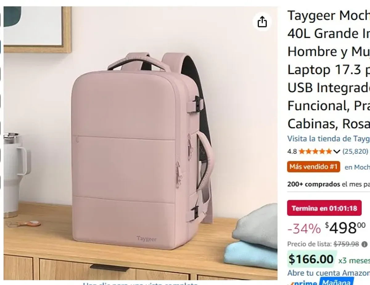 Taygeer Mochila de Viaje Avion 40L Grande Impermeable para Hombre y Mujer, Compartimento Laptop 17.3 pulgadas, Puerto USB Integrado, Maleta Mano Funcional, Práctica Equipaje Cabinas, Rosa