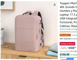 Taygeer Mochila de Viaje Avion 40L Grande Impermeable para Hombre y Mujer, Compartimento Laptop 17.3 pulgadas, Puerto USB Integrado, Maleta Mano Funcional, Práctica Equipaje Cabinas, Rosa