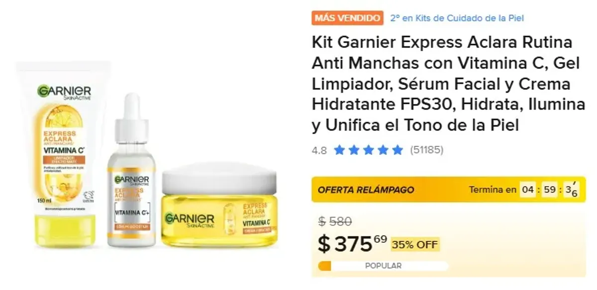 Kit Garnier Express Aclara Rutina Anti Manchas con Vitamina C, Gel Limpiador, Sérum Facial y Crema Hidratante FPS30, Hidrata, Ilumina y Unifica el Tono de la Piel