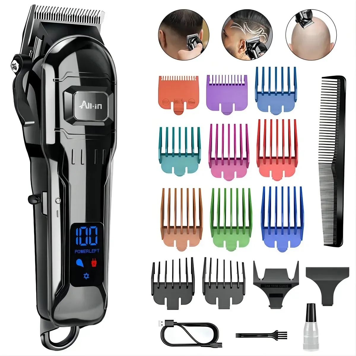 All-in® Maquina Para Cortar Cabello Cortadora De Pelo Profesional Inalámbrica Recargable Kit Completo Trimmer Color Negro