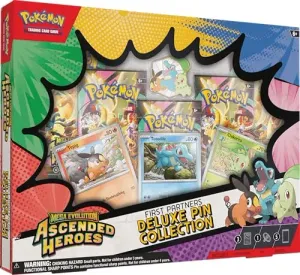 Pokémon TCG: Mega Evolution—Ascended Heroes First Partners Deluxe Pin Collection (3 Tarjetas Promocionales de Aluminio, 1 Pin de Lujo y 5 Paquetes de Refuerzo