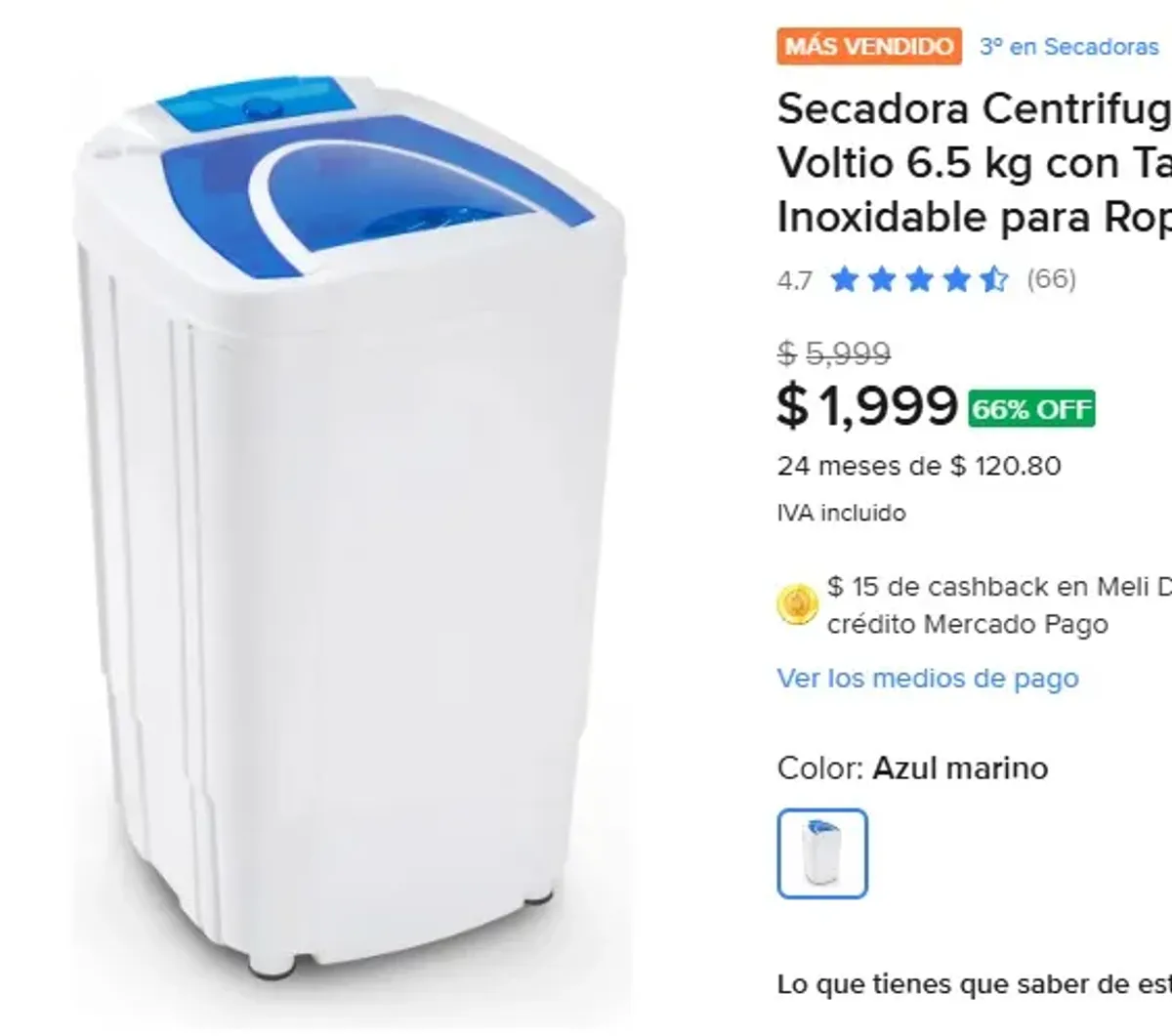 Secadora Centrifuga Eléctrica Voltio 6.5 kg con Tambor de Acero Inoxidable para Ropa
