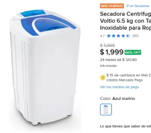 Secadora Centrifuga Eléctrica Voltio 6.5 kg con Tambor de Acero Inoxidable para Ropa