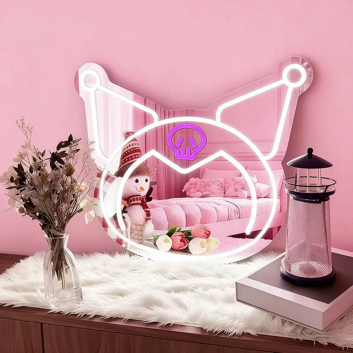 Espejo Kuromi con luz LED regulable y neón para tocador. Espejo decorativo con letrero de neón. Espejo iluminado para dormitorio, pared, vestidor, sala de estar. de cumpleaños para niña.
