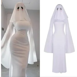 Disfraz de Fantasma Mujer, Disfraz Sexy para Mujer Halloween, Vestido Ajustado Blanco con Capucha, Mangas Amplias y Espalda con Cordones, Ideal para Halloween, Carnaval y Fiestas Temáticas (Fantasma)