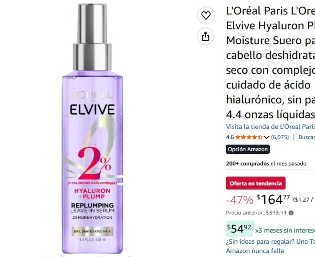 L'Oréal Paris L'Oreal Paris Elvive Hyaluron Plump Moisture Suero para cabello deshidratado y seco con complejo de cuidado de ácido hialurónico, sin parabenos, 4.4 onzas líquidas
