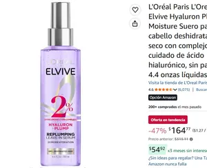 L'Oréal Paris L'Oreal Paris Elvive Hyaluron Plump Moisture Suero para cabello deshidratado y seco con complejo de cuidado de ácido hialurónico, sin parabenos, 4.4 onzas líquidas