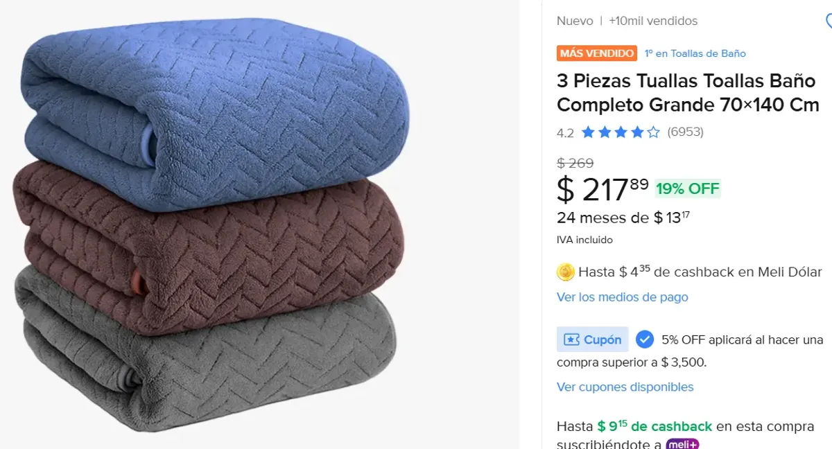 3  Toallas Baño 70×140 Cm