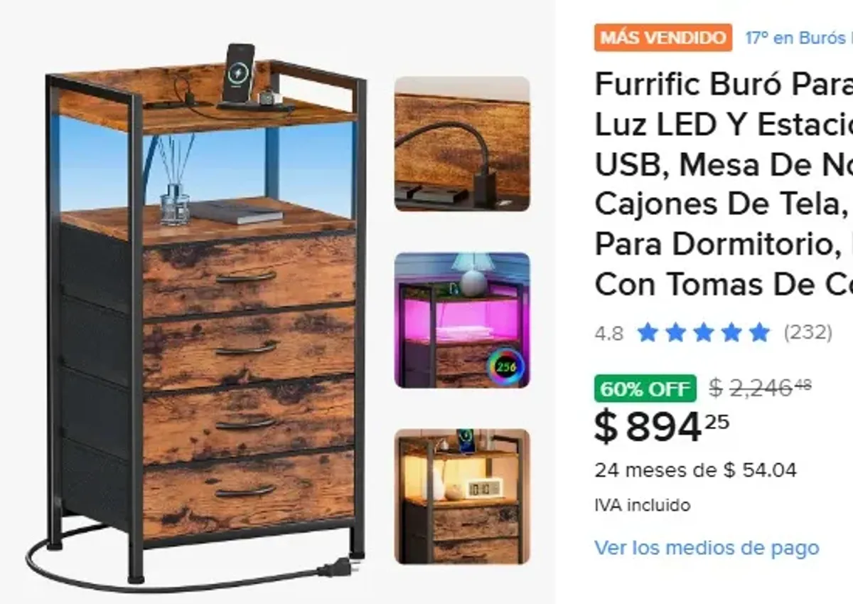 Furrific Buró Para Recámara Con Luz LED Y Estación De Carga USB, Mesa De Noche Con 4 Cajones De Tela, Organizador Para Dormitorio, Mesa Auxiliar Con Tomas De Corriente