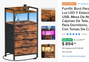 Furrific Buró Para Recámara Con Luz LED Y Estación De Carga USB, Mesa De Noche Con 4 Cajones De Tela, Organizador Para Dormitorio, Mesa Auxiliar Con Tomas De Corriente