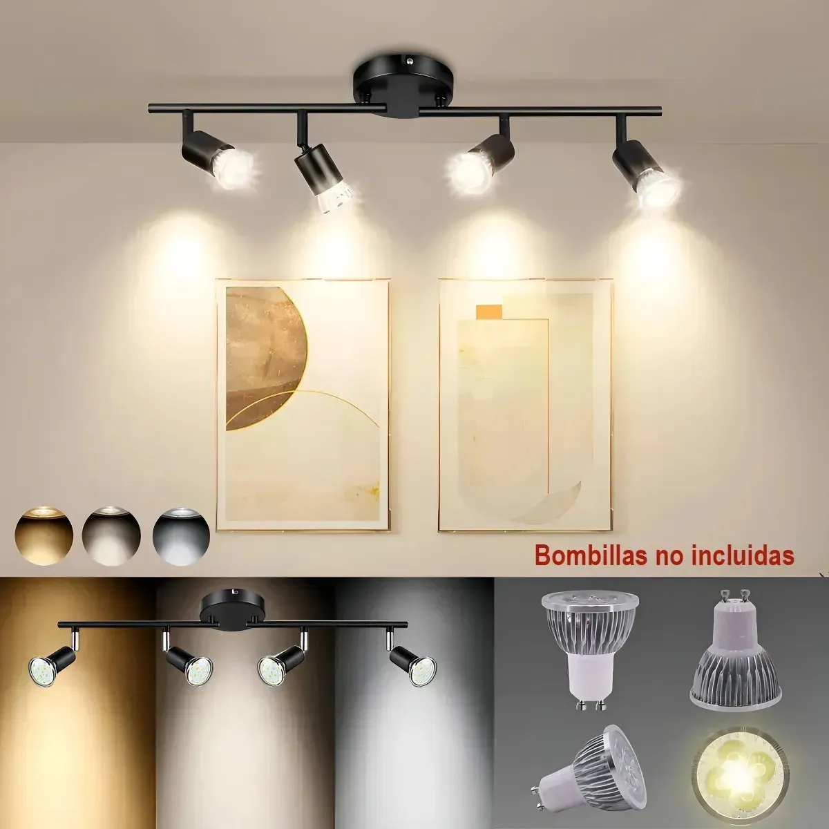 DEHOBO lamparas decorativas 4 Focos GU10 techo Lámpara modernas de Techo de iluminacion Riel Ajustables330°270°90° para Interiores lamparas decorativas colgantes sala lamparas para comedor Negro