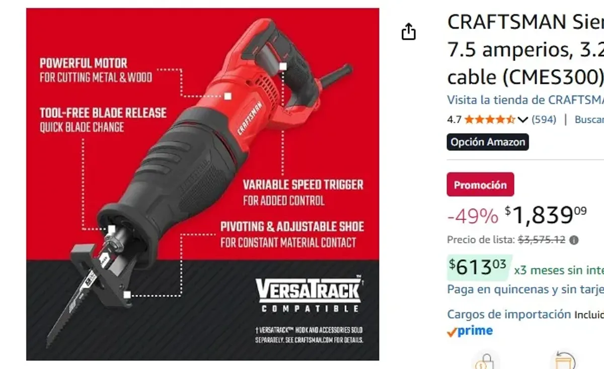 CRAFTSMAN Sierra alternativa, 7.5 amperios, 3.200 RPM, con cable (CMES300)