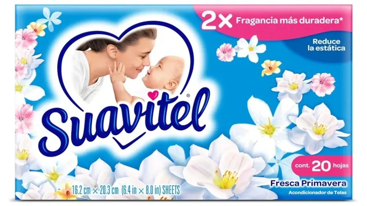 Suavitel Hojas para Secadora y Acondicionadora de Telas Fresca Primavera 20 pz. Disfruta del Agradable Fragancia Floral Dos Veces Más Duradera y Reduce la Estática. Suavidad y Fragancia
