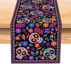 Camino de Mesa Día de Muertos de Lino con Calavera Mexicana para Halloween | 33 x 183 cm, rústico y suave, con costuras fuertes; adecuado para mesas de 4 a 6 personas, cocina y comedor.