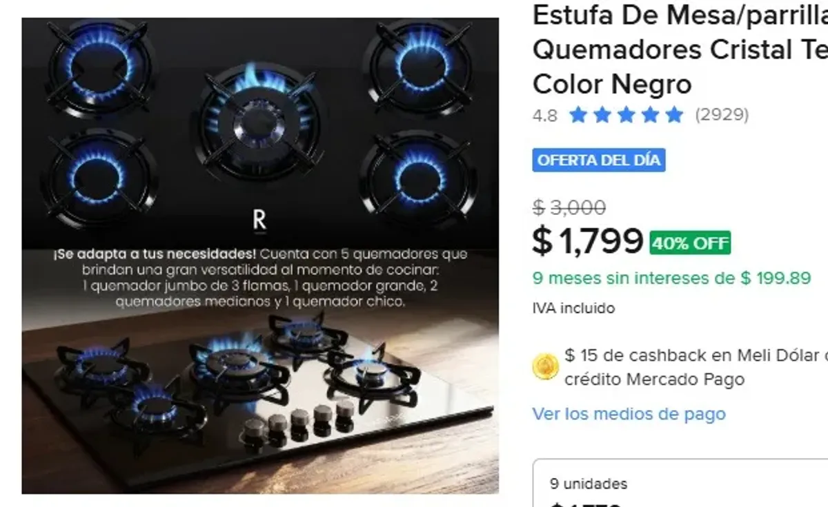 Estufa De Mesa/parrilla De Gas 5 Quemadores Cristal Templado Color Negro