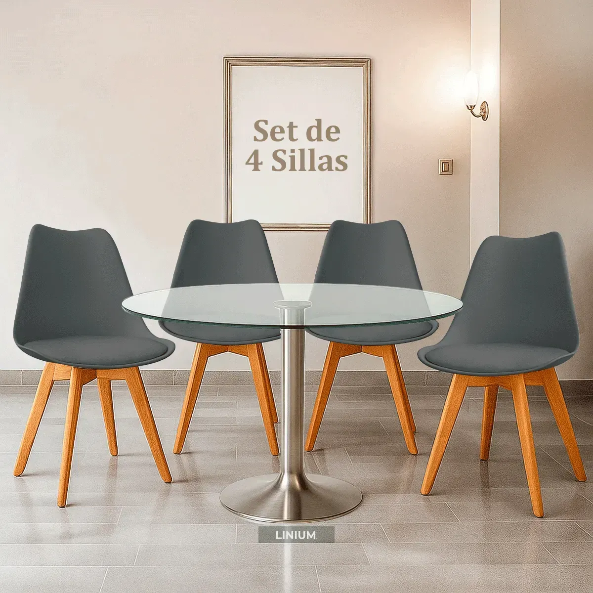 Silla de comedor Linium Tulip con estructura color madera y asiento gris oscuro 4 unidades