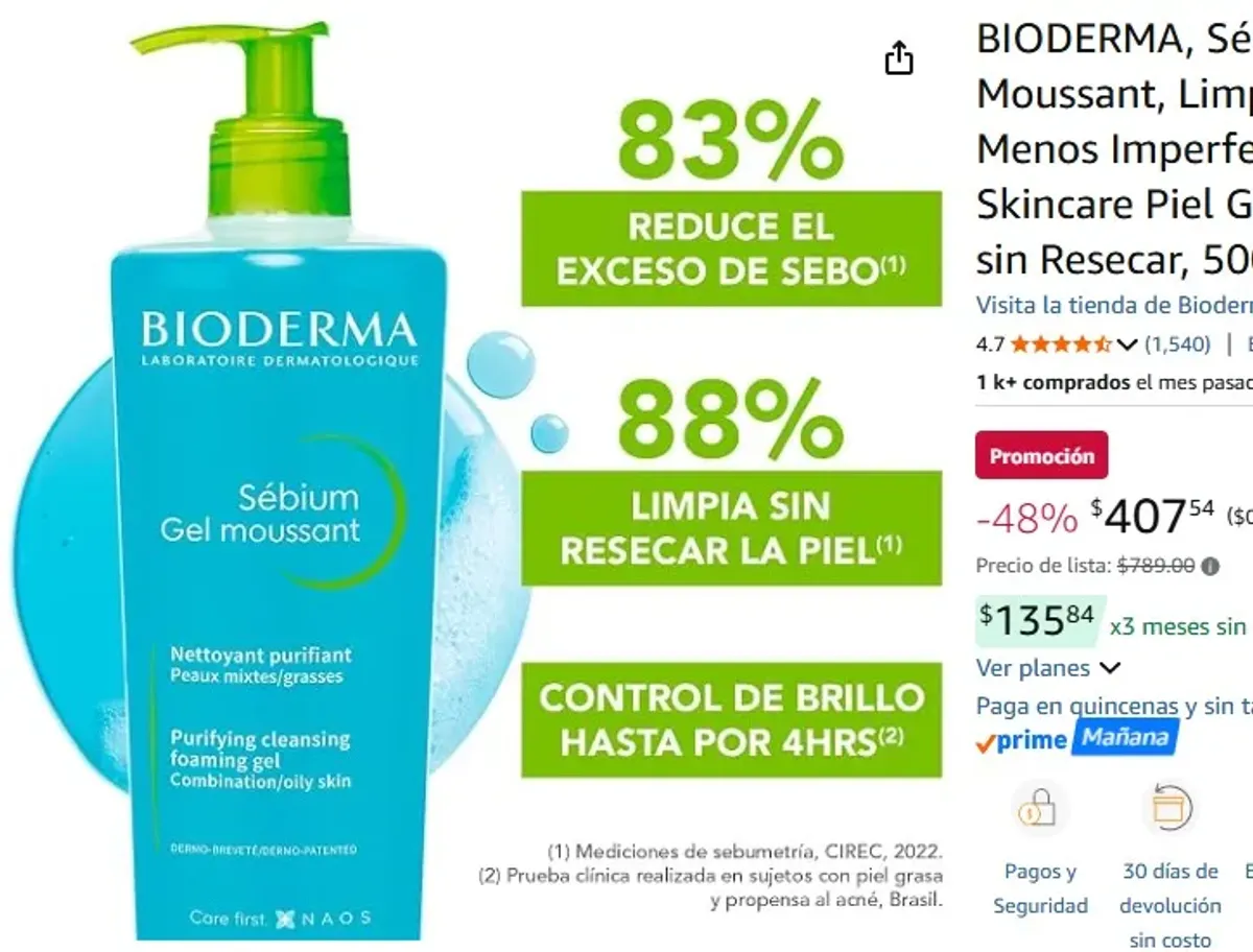 BIODERMA, Sébium Gel Moussant, Limpiador Facial Menos Imperfecciones, Skincare Piel Grasa, Suave y sin Resecar, 500ML