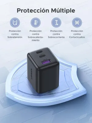 UGREEN 30W GAN Cargador Tipo USB C con 3Puertos, Cubo de Carga Rápido Negro | 2 USB-C y 1 USB-A, Tamaño compacto, Protección múltiple, para iPhone 17/16/15, Galaxy S26/S25, iPad, MacBook Neo/Air