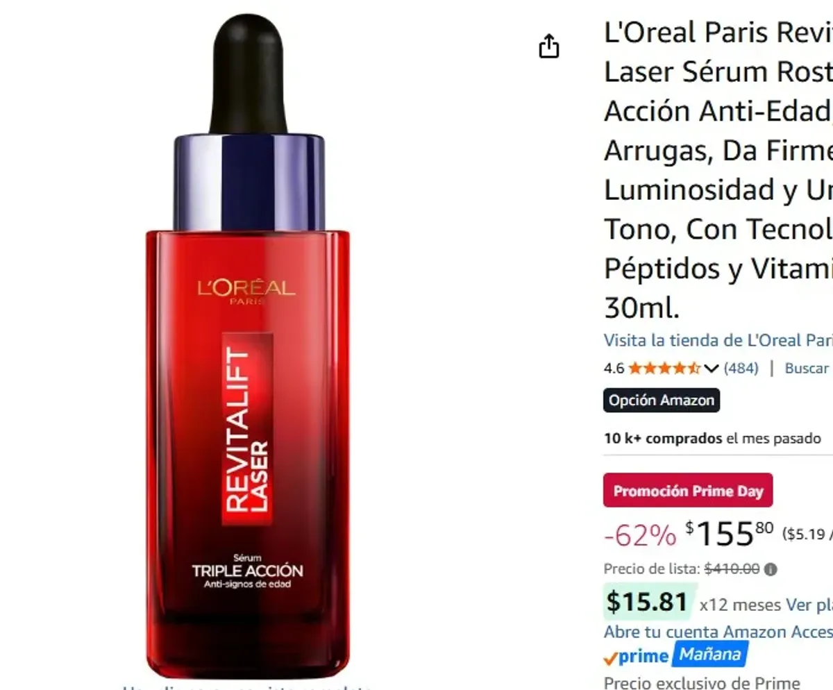 L'Oreal Paris Revitalift Laser Sérum Rostro Triple Acción Anti-Edad,Corrige Arrugas, Da Firmeza, Luminosidad y Unifica el Tono, Con Tecnología Tri-Péptidos y Vitamina C, 30ml.