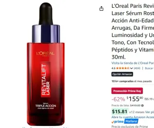 L'Oreal Paris Revitalift Laser Sérum Rostro Triple Acción Anti-Edad,Corrige Arrugas, Da Firmeza, Luminosidad y Unifica el Tono, Con Tecnología Tri-Péptidos y Vitamina C, 30ml.
