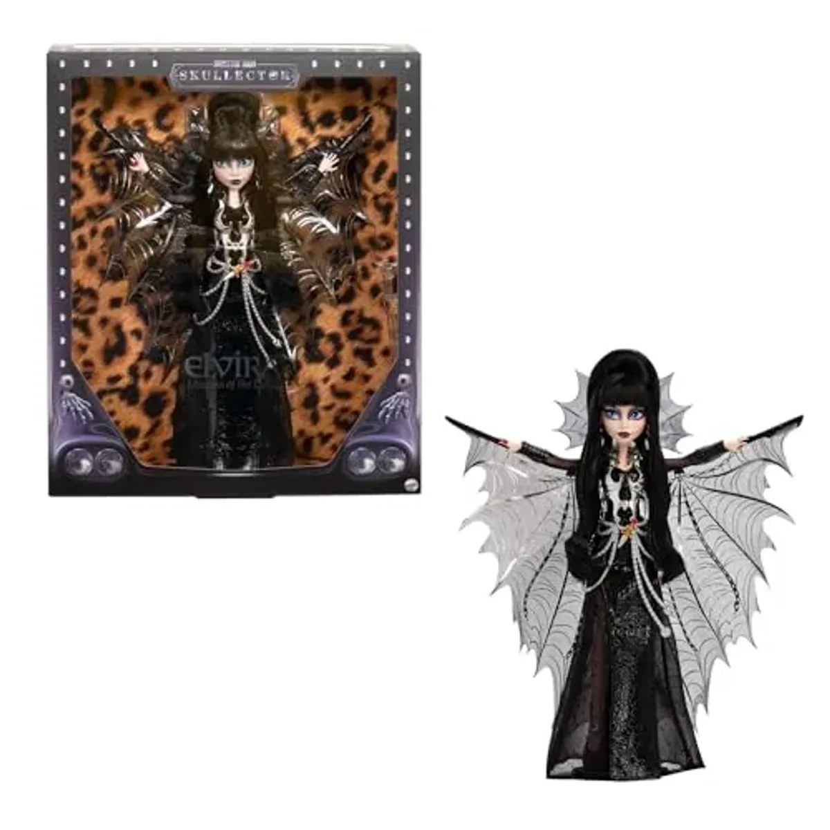 Monster High Skullector Elvira, Muñeca de Colección con Vestido Negro y Capa de murciélago, para Coleccionistas, Juguete para niñas de 6 años en adelante