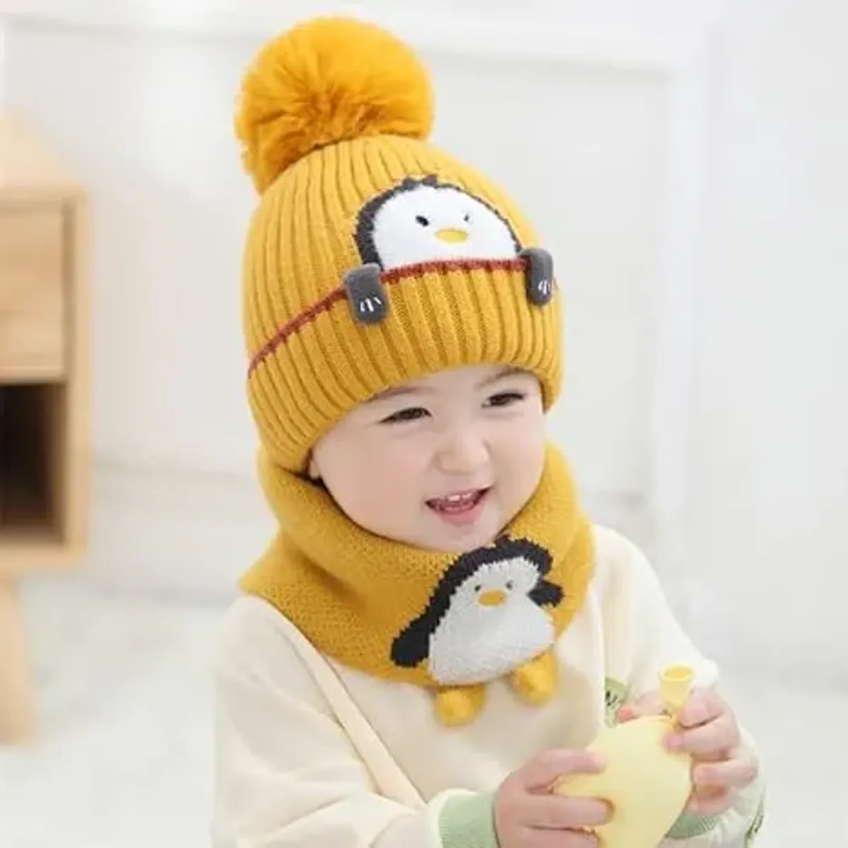 Juego de gorro de punto de invierno, lindo pingüino de dibujos animados suave y cálido sombrero para niños y niñas
