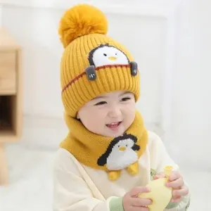 Juego de gorro de punto de invierno, lindo pingüino de dibujos animados suave y cálido sombrero para niños y niñas