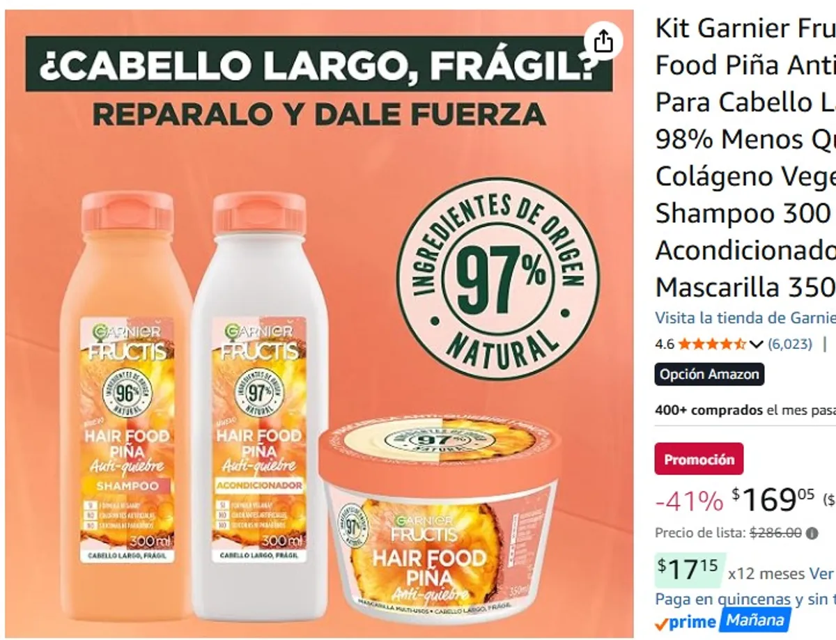 Kit Garnier Fructis Hair Food Piña Anti-Quiebre Para Cabello Largo Y Frágil, 98% Menos Quiebre, Con Colágeno Vegetal, Shampoo 300 ml + Acondicionador 300 ml + Mascarilla 350 ml