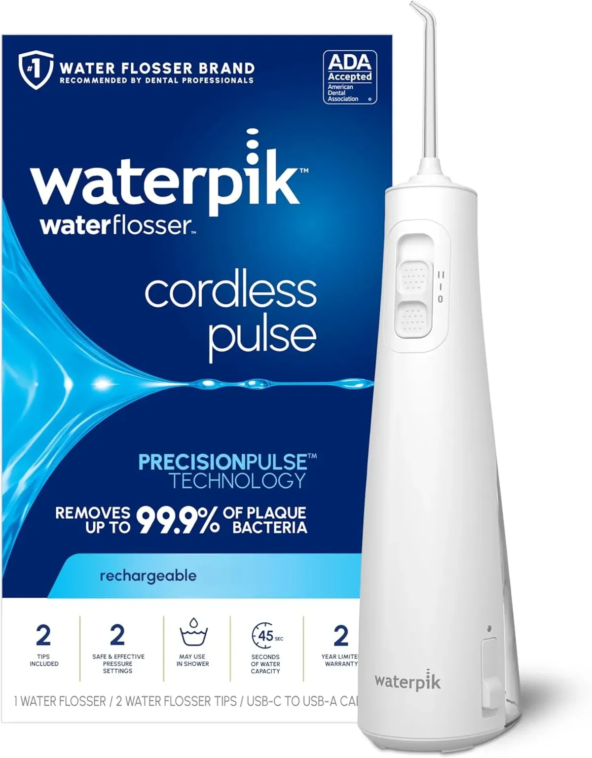 Waterpik - Hilo dental inalámbrico recargable de pulso portátil para dientes, encías, aparatos ortopédicos para el cuidado y viajes con 2 puntas de hilo dental, impermeable, aceptado ADA, WF-20 blanco