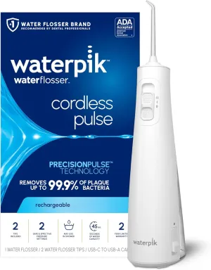 Waterpik - Hilo dental inalámbrico recargable de pulso portátil para dientes, encías, aparatos ortopédicos para el cuidado y viajes con 2 puntas de hilo dental, impermeable, aceptado ADA, WF-20 blanco