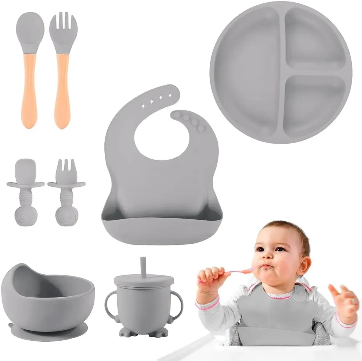 Raganet, Juego de Platos y Cubiertos para Bebé de Silicona, Set de 8 Piezas Libres de BPA, Babero, Plato, Tazon y Cubiertos, Seguros y Resistente (Gris)